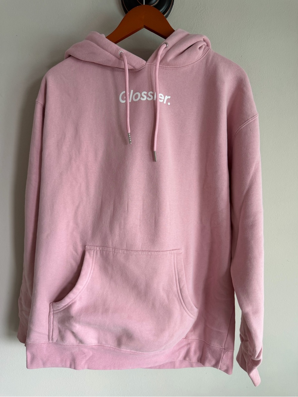 Glossier Original Pink Hoodie Embroidered Logo Pullover Sweatshirt Large